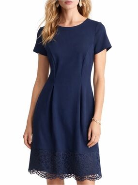 Eliza J Navy Fit & Flare Dress Lace Hem Cap Sleeve Size 6